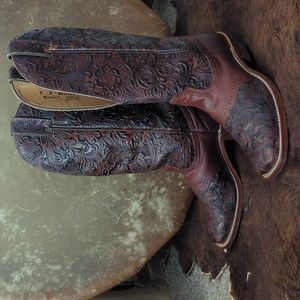 BOULET #2069 ladies hand tooled leather cowboy western boots square toe sz 7 EUC